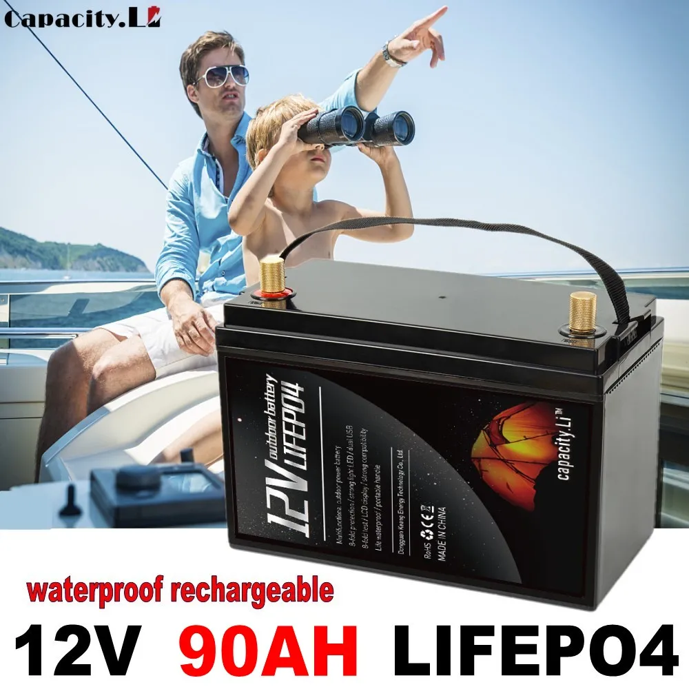 

Boat yacht motor battery 12V lifepo4 90ah lithium waterproof and rechargeable with BMS outdoor marine use