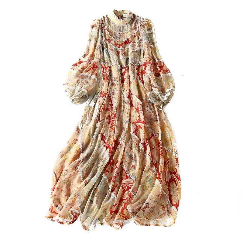 

2021 silk printing high-waisted dresses two pieces