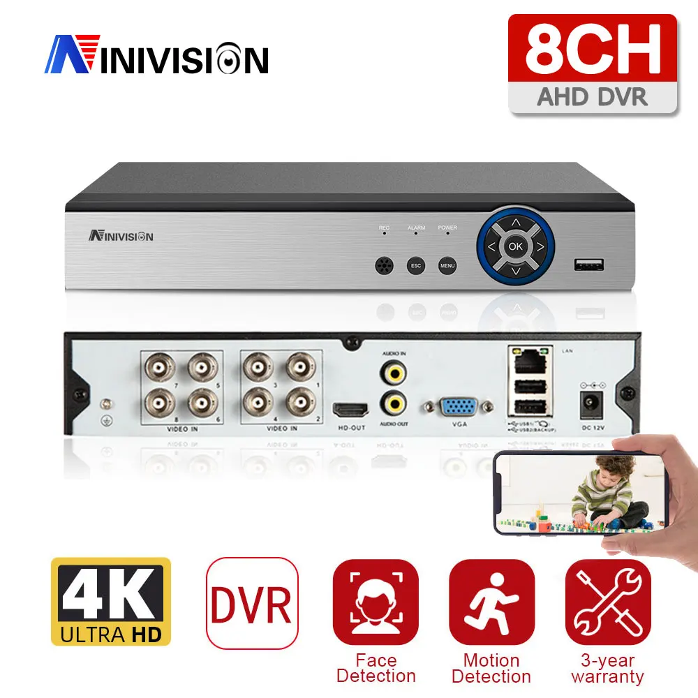 

NINIVISION 8CH 4K AHD DVR AI H.265 Hybrid 8 Megapixel NVR Digital Video Recorder for 2MP 4MP 5MP 8MP AHD/TVI/CVI/XVI/IP Cameras