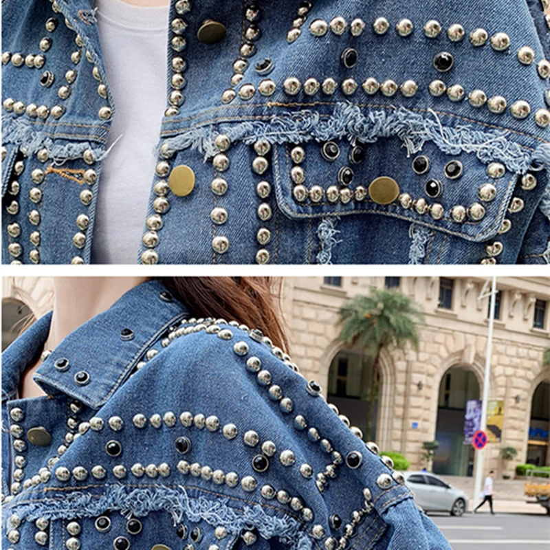 

spring 2021 denim jacket female and autumn new beaded Diamonds Korean bf wind loose cowboy jacket Short Jeans jacket