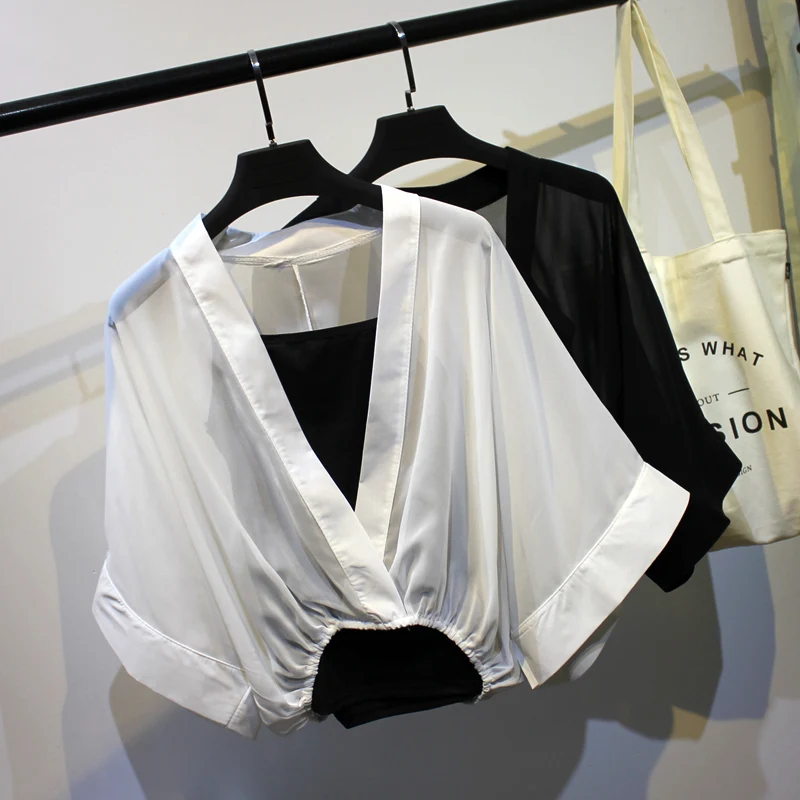 

Woman 2021 Two Piece Set Striped Chiffon Grid Summer Half Sleeve Loose V-Neck Floral Autumn Cool Blouses Sweet Ladies Short Tops