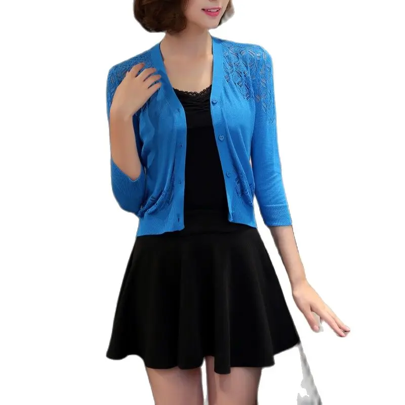 Тонкий вязаный свитер кардиган летний жаккардовый с защитой от солнца рукавом в 7