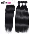 Модные женские предварительно окрашенные бразильские прямые пучки волос с застежкой 34 пряди 1 # черные пучки с застежкой не Реми