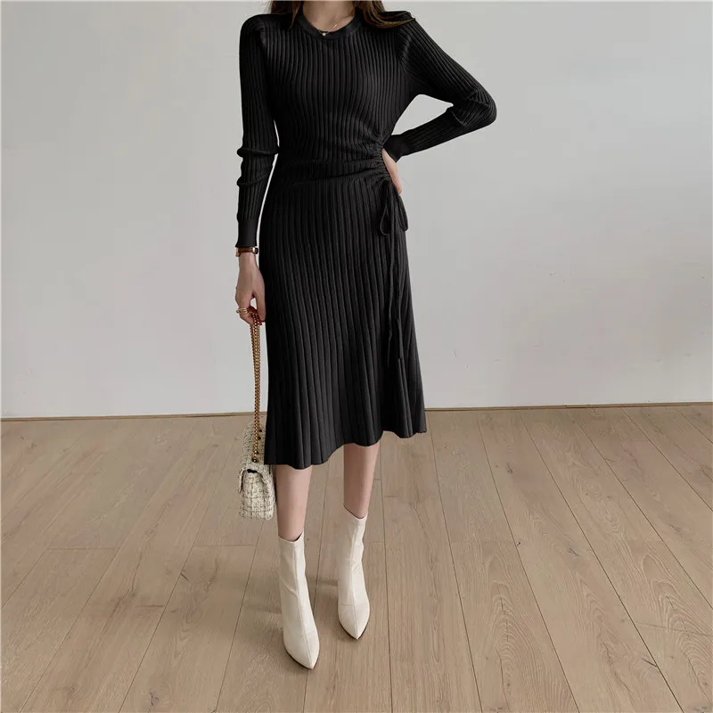 

WSYORE French Retro Sexy Sweater Dress Women Spring and Autumn Slim Long Sleeve Knitted Drawstring Dress Winter Dress NS2720