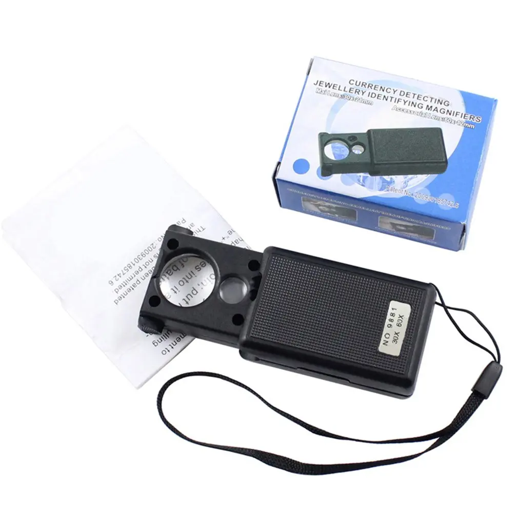 

30X 60X Pull-type Jewelry Magnifier Mini Pocket Hand Magnifying Glass Portable Microscope Loupe Optical Lens Tool w/ LED Light