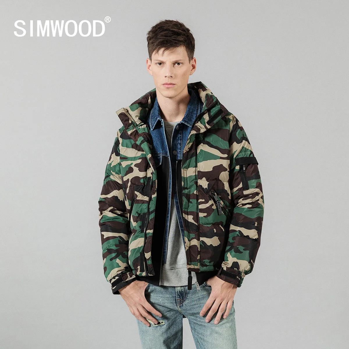 SIMWOOD мужская зимняя куртка 90% серый пуховик модная повседневная камуфляжная верхняя одежда размера плюс брендовые пуховики 180291