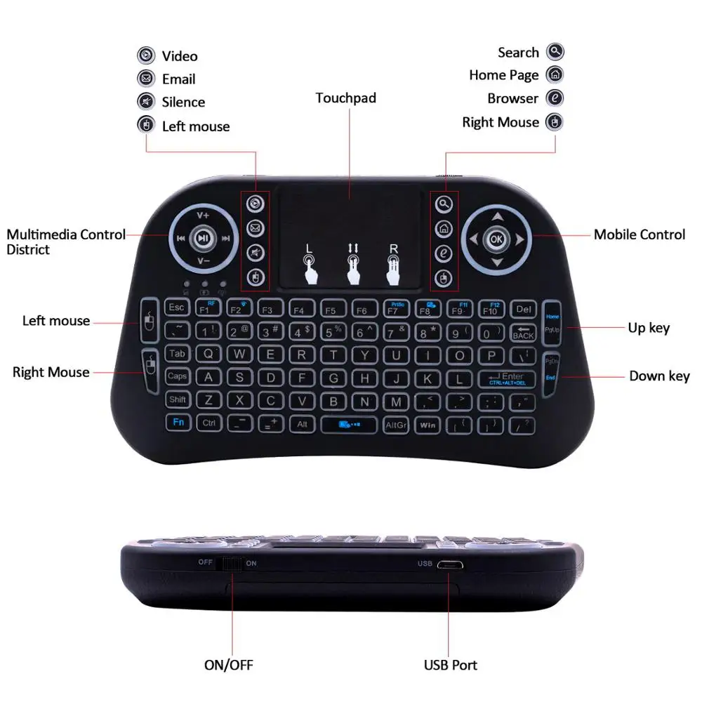 

Mini i10 2.4G Air Mouse Wireless Keyboard with Touchpad Soft Touch Keys with Rechargeable Lithium Battery
