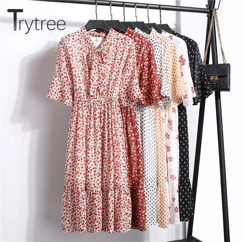 Trytree 2020 Spring Summer Women Dress Casual Bow Flare Sleeve print A-line Ruffle 6 Color Elegant Knee-Length | Женская одежда