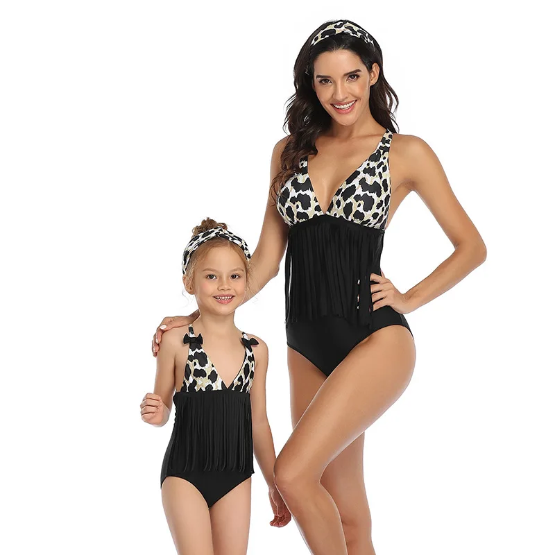 

Tassel Printed Bra One Piece Parent-Child Swimsuit Set Closed Body Swimwear Mother Daughter Girl 2021 New Beach Bathing Suits