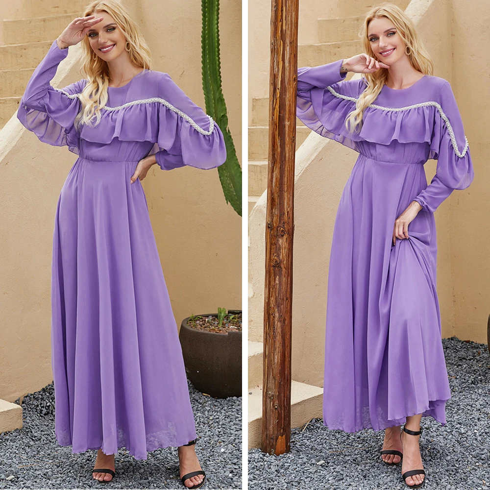 

Bohemian Ethnic Loose Casual Long Dress Ruffle Chiffon Holiday Muslim Women Abaya Arab Maxi Robe Gown O-neck Islamic Vestido New