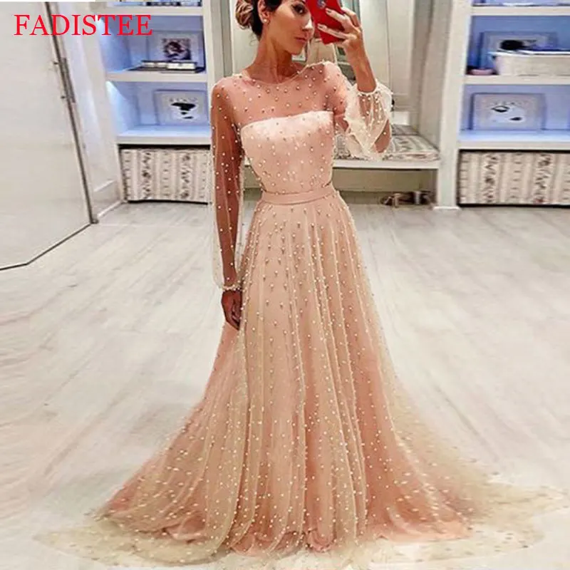 

AE0020 New Style Pearls Tulle Prom Dresses A-line O-neck Long Frock Evening Party Gowns Robe De Soiree вечерние платья