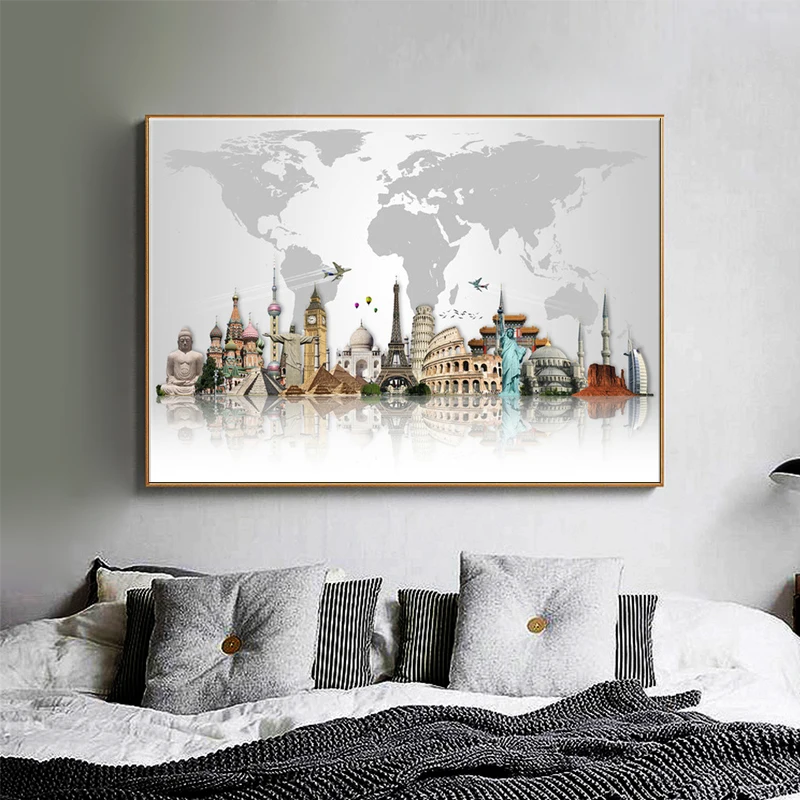 

World Famous Building Canvas Paintings Posters and Prints Wall Art World Tourist Attraction Map Modern Art Pictures Home Decor