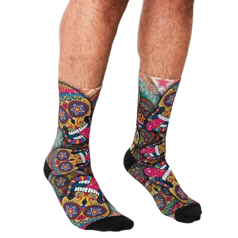 

Забавные мужские носки 2021, счастливые носки в стиле хип-хоп с рисунком сумасшедших сахарных черепов, милые мужские носки в уличном стиле