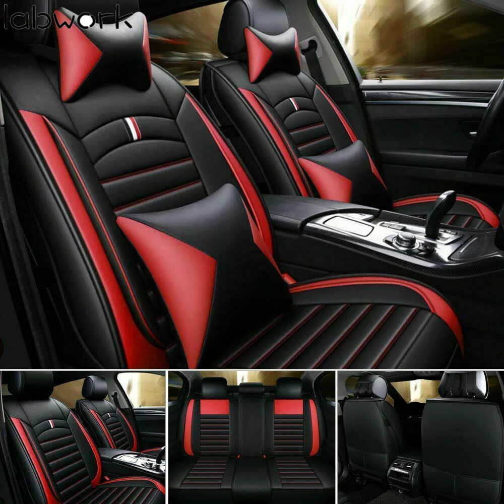

labwork Car Seat Cover 5-Seats Interior Waterproof Black&Red Luxury PU Leather