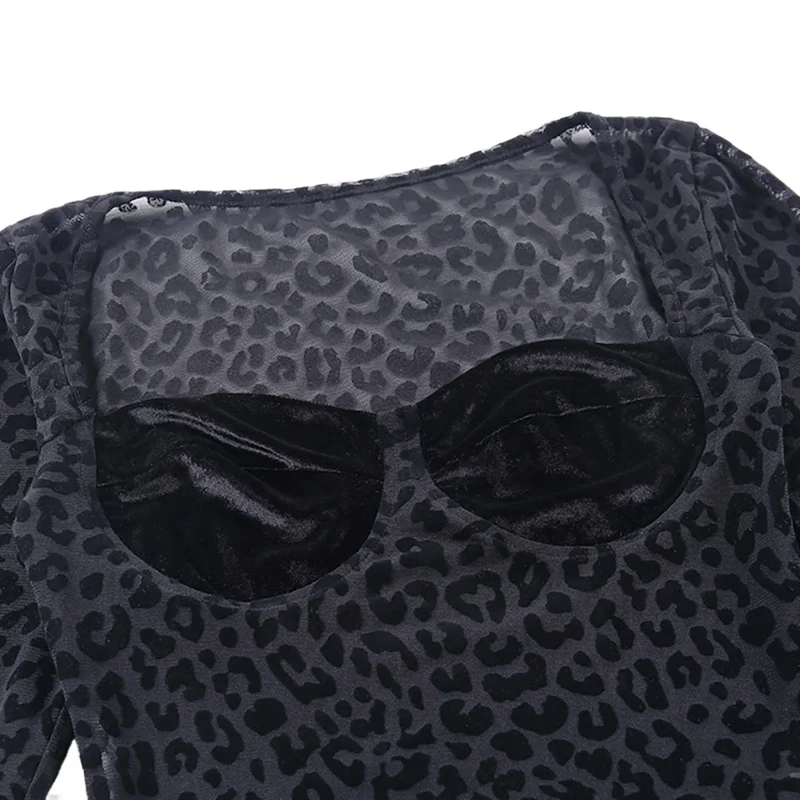 

Women Fashion Sexy Perspective Leopard Pattern Stitching Jumpsuit Long Sleeve Square Collar Mesh Slim Bottoming Shirt Bodysuit