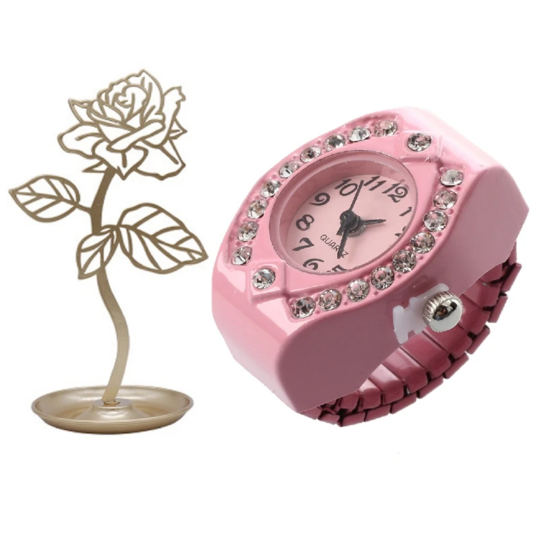 

1 шт., женский розовый Карманный кварцевый браслет из сплава для наручных часов и 1 шт., стойка для хранения сережек и ожерелий, розовое золото