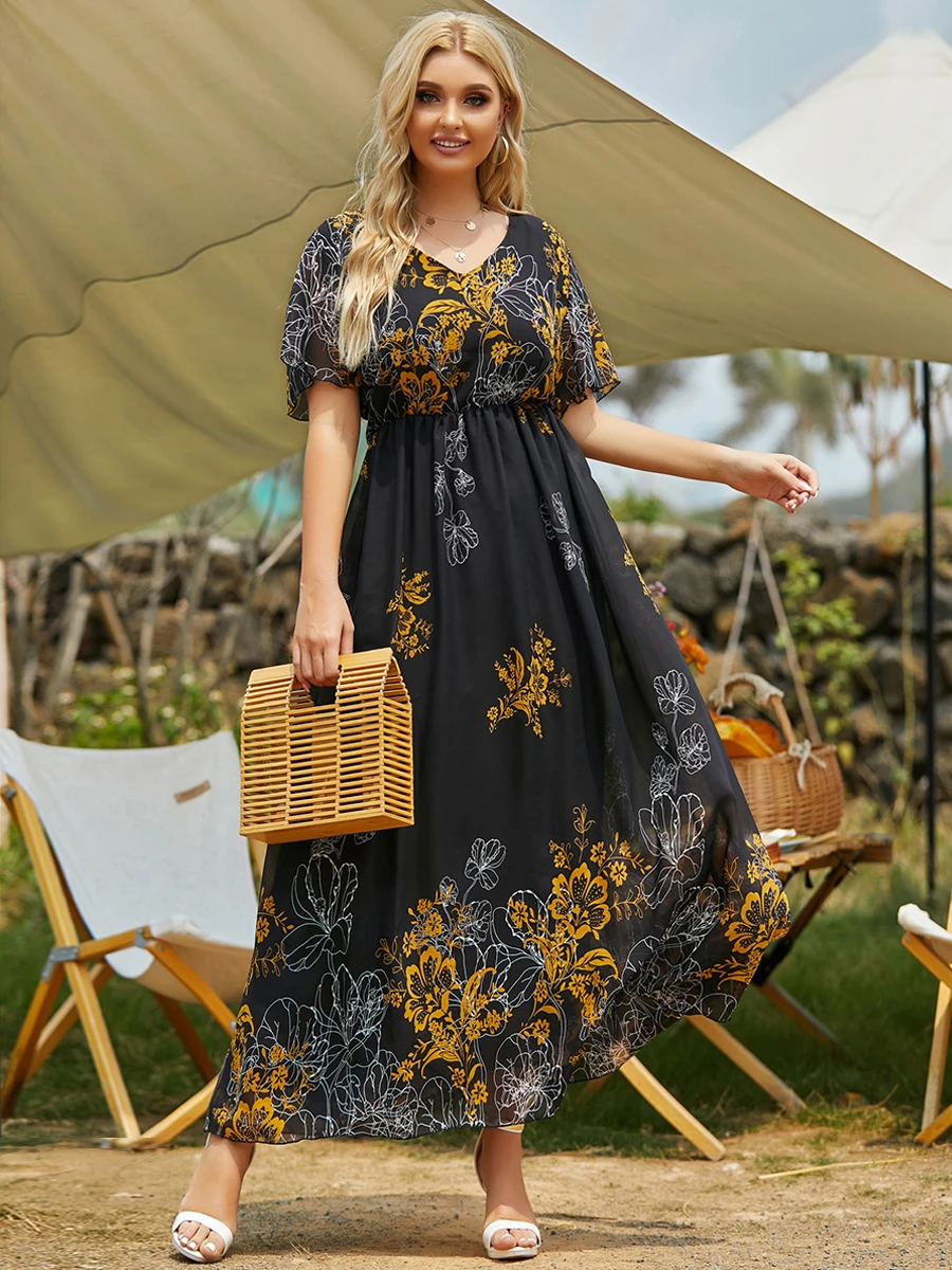 

2021 Women's Summer Sundresses Plus Size 5XL Female V Neck Short Sleeve Floral Print Casual Beach Dress Large Maxi Party Dresses