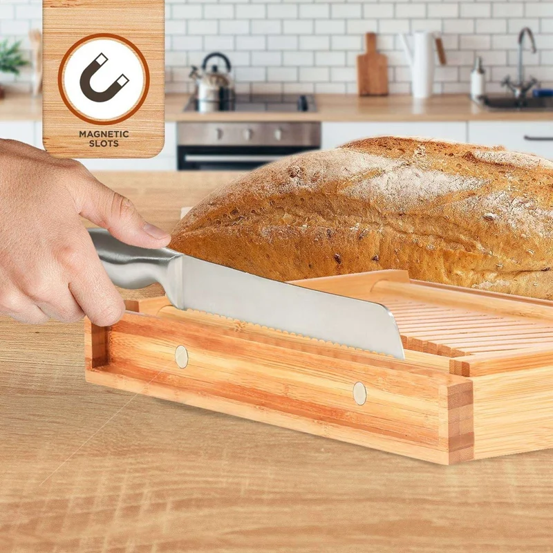 

Bamboo Bread Slicer with Crumb Catcher Tray, Foldable Bread Slice Board Bread Cutting Rack, Easy Storage