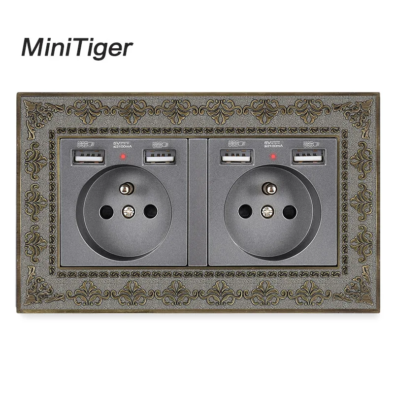 Настенная розетка Minitiger 2 клавиши французская стандартная с 4 USB портами для