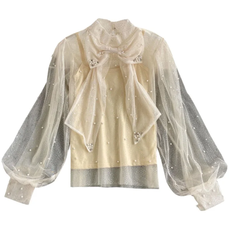 

2021 Spring New Blouse Korean Japan Loose Bow Chiffon Shirt Women French Retro Stand Collar Lantern Sleeve Female Top