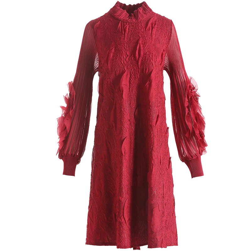 

Plus Size Red Dress Women 2020 New French Style Petal Sleeve Miyake Pleated Loose A-Line Dress For Women 45-75kg