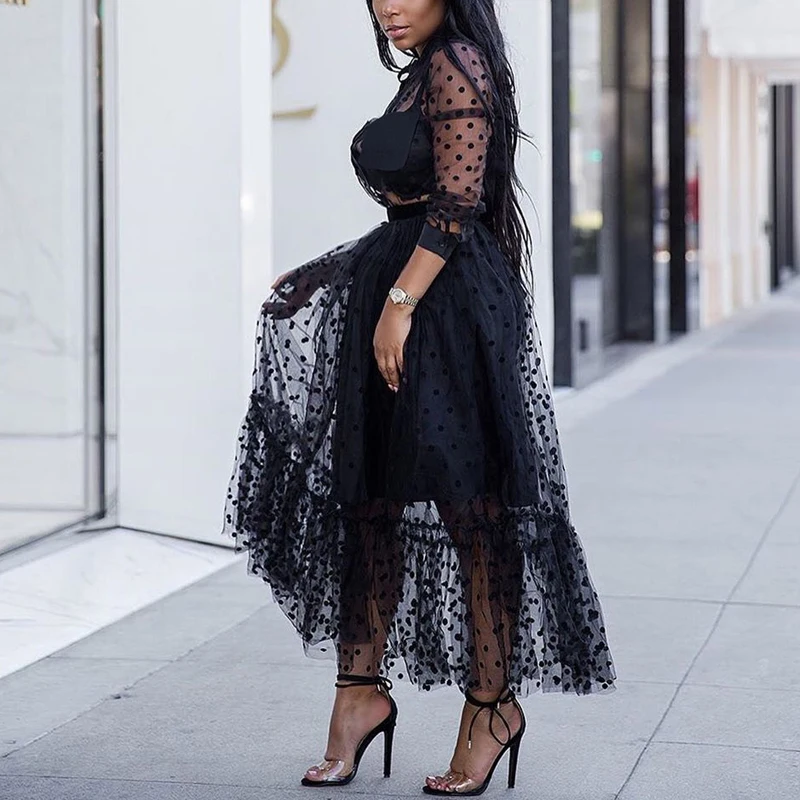 

Women Mesh Polka Dot See Through Maxi Dress Elegant Long Sleeve Black Formal Evening Vestidos Classy England Dresses
