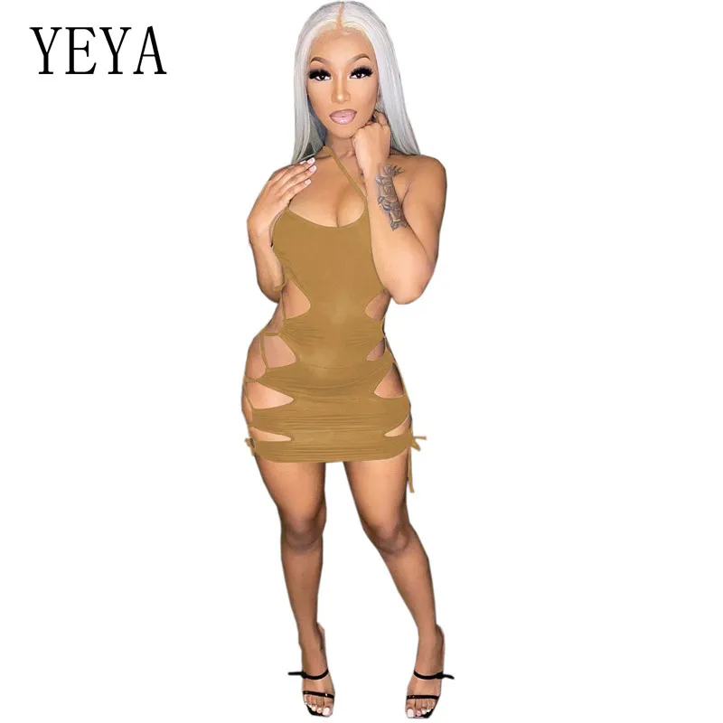 

YEYA Bandage Lace Up Mini Bodycon Off Shoulder Sleeveless Hollow Out Spaghetti Strap Breast Wrap Nightclub Party Skinny Dresses