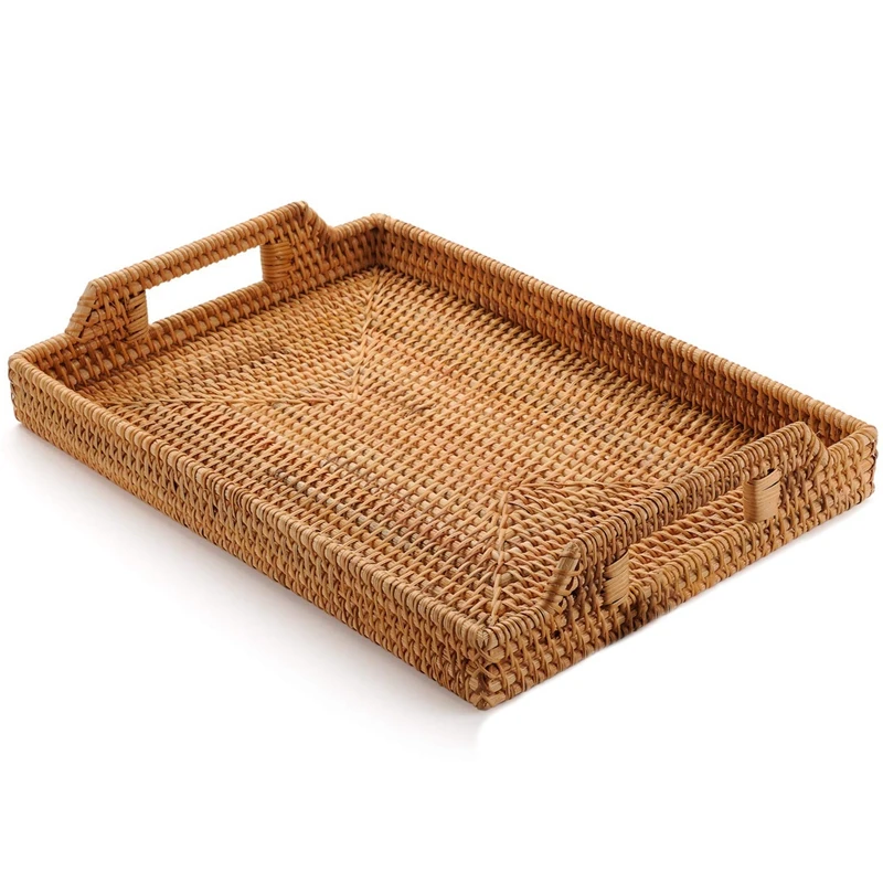 Rattan Woven Storage Fruit Basket Candy Snack Plate Cutlery Tray with Breakfast Bed Bar Dinner Rectangular | Дом и сад