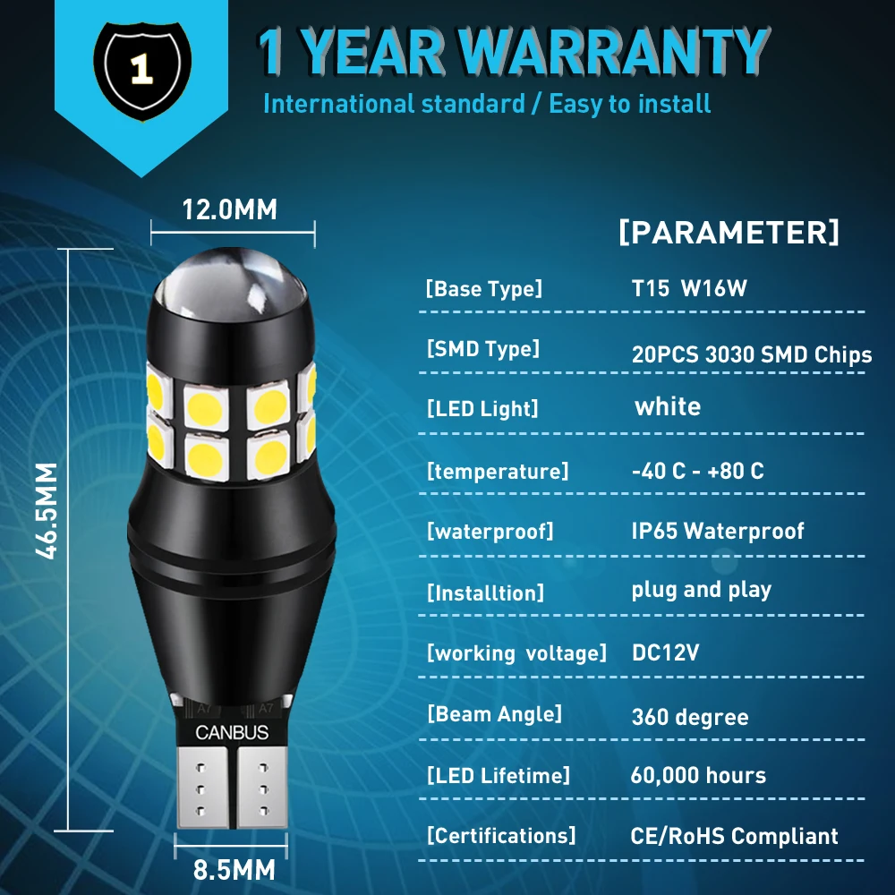 2x T15 W16W светодиодный лампы Canbus 920 921 20SMD 3030 белый 12 В светодиодные резервсветильник