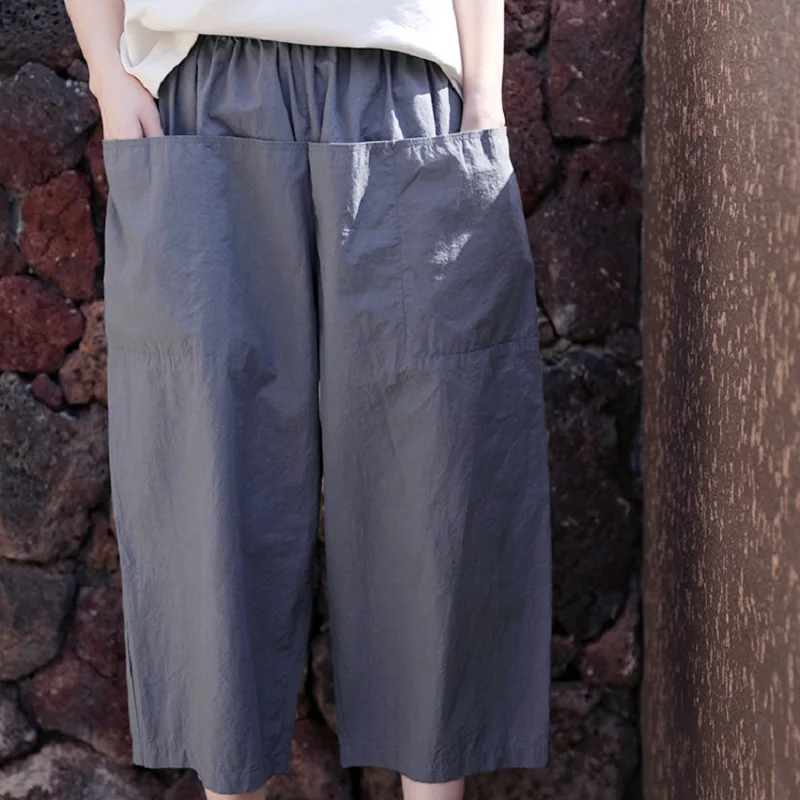 Summer Cotton and Linen Elastic Waist Pocket Loose Women's Cropped Trousers Women'S Pants Summer Pants Woman
