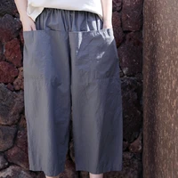summer cotton and linen elastic waist pocket loose womens cropped trousers womens pants summer pants woman