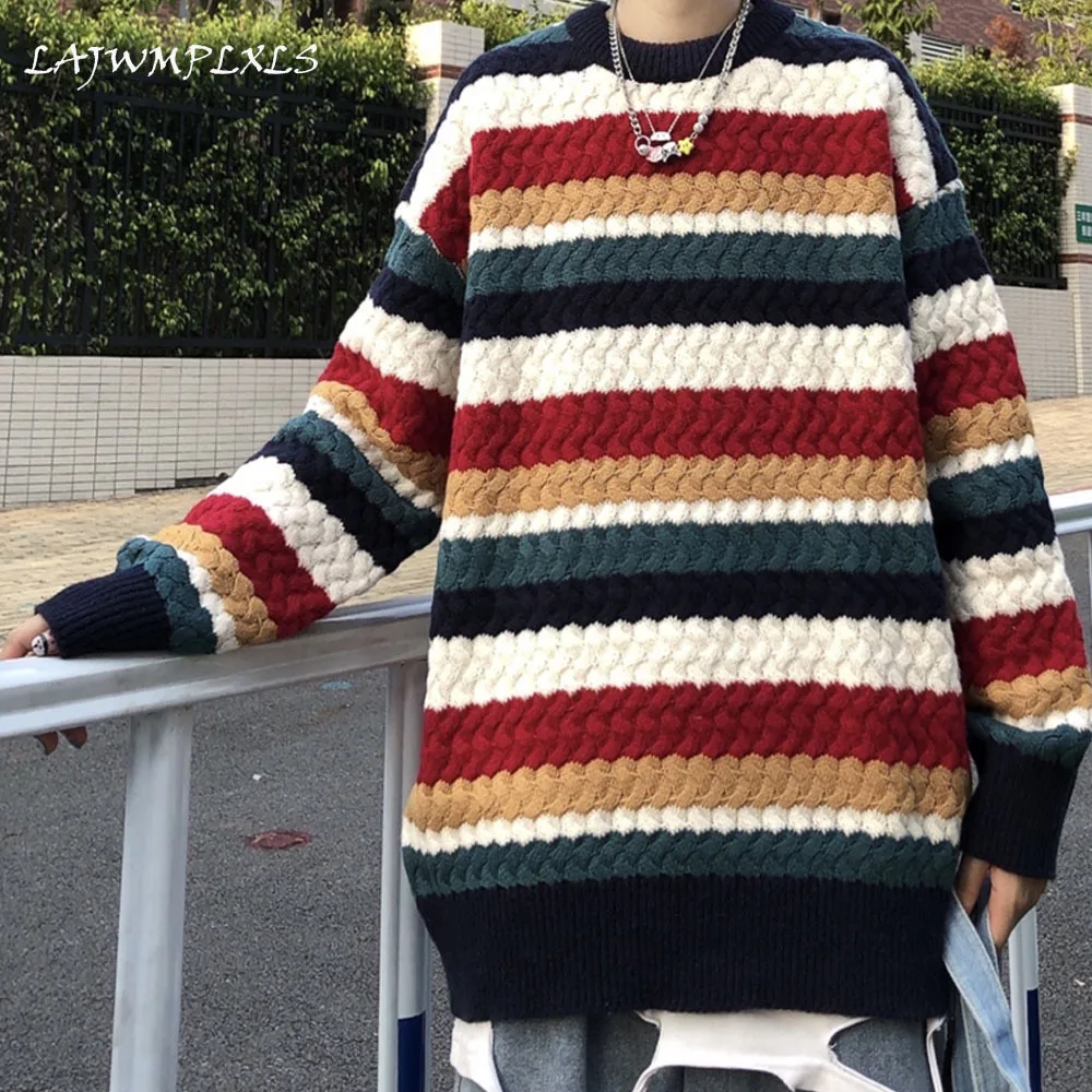 

Свитер мужской в радужную полоску, зимняя одежда в стиле Харадзюку, Свободный пуловер, Свитер оверсайз