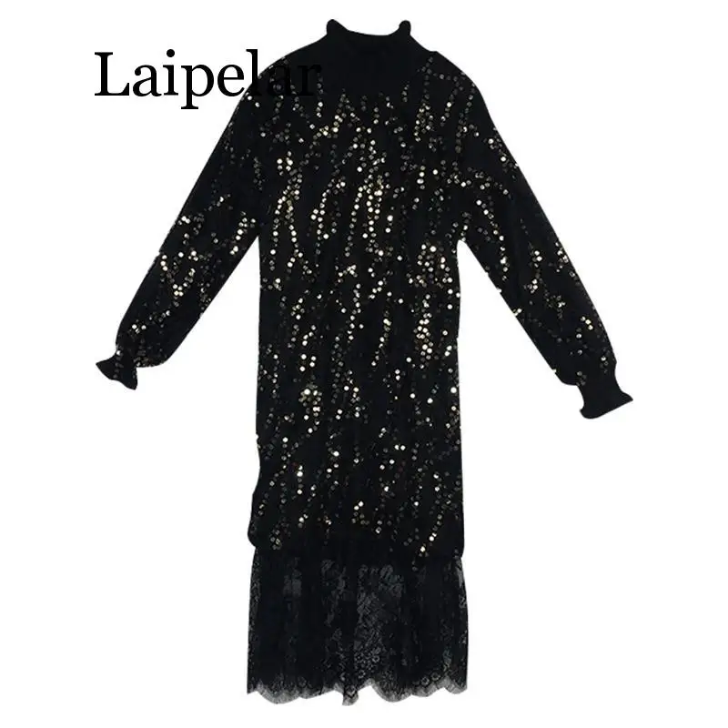 

Autumn winter stand collar black white sequined tassel stitching lace long sleeve knee length dress
