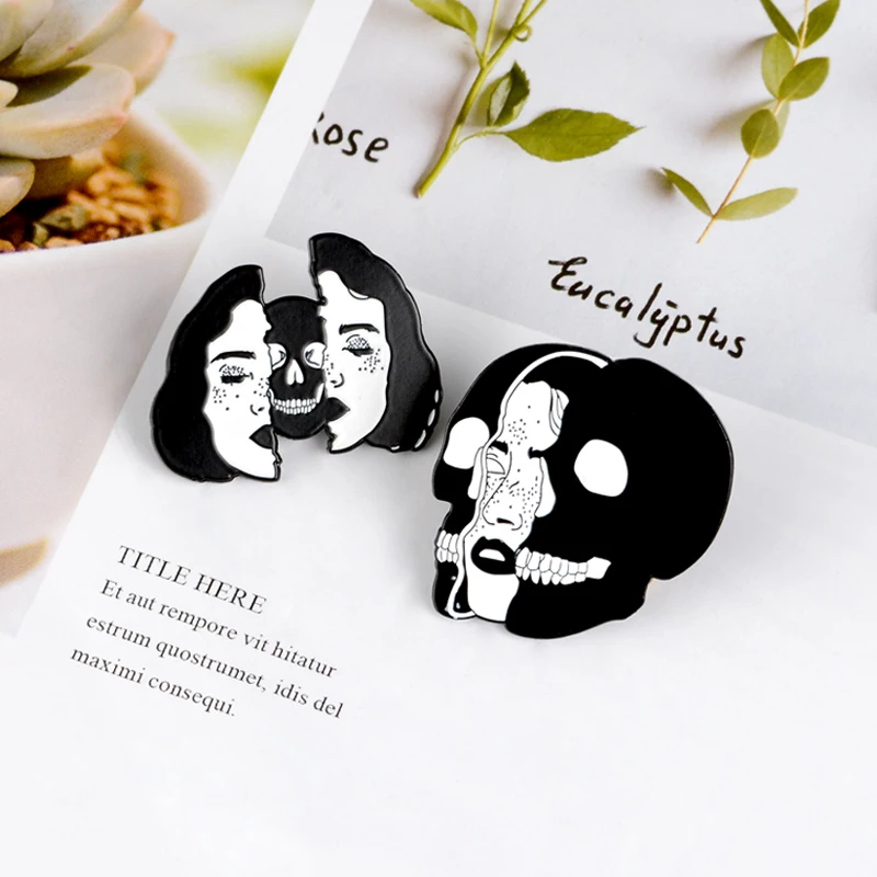 XEDZ skull mask girl enamel pin black and white gothic badge scary spot female personality punk jewelry button metal brooch | Украшения и