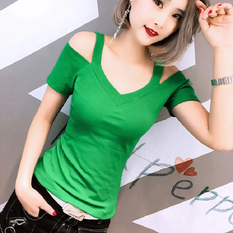

summer women t shirts knitted v-neck solid tees short sleeve T shirts cute high elastic girls tees