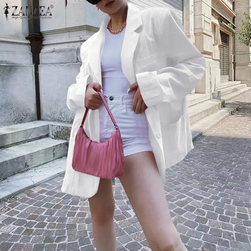 

ZANZEA Solid Long Sleeve Cardigans Womens Street Fashion Blazer Autumn Oversized Cotton Linen Outwear Female Casual Loose Coats