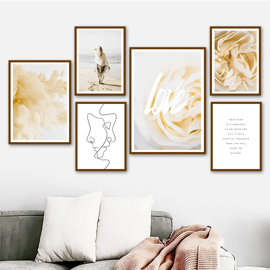 

Yellow Rose Women Sea Beach Love Lines Wall Art Canvas Painting Nordic Posters And Prints Wall Pictures For Living Room Decor