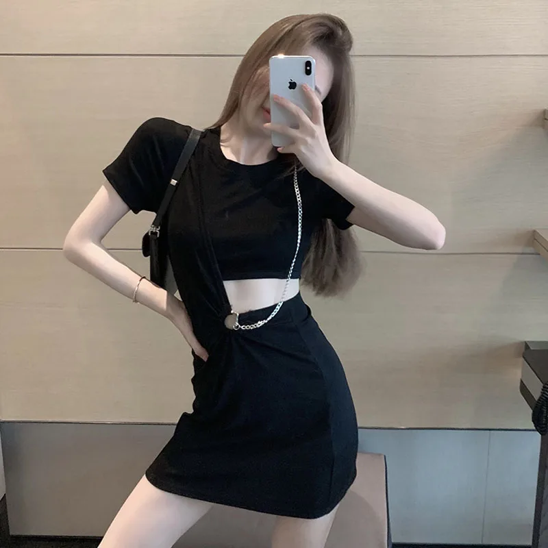 

2021 New Spring Summer Clothes Korean Ladies Punk Goth Dress Temperament Girl High Waist Tight Sexy Bag Hip Hollow Out Dresses