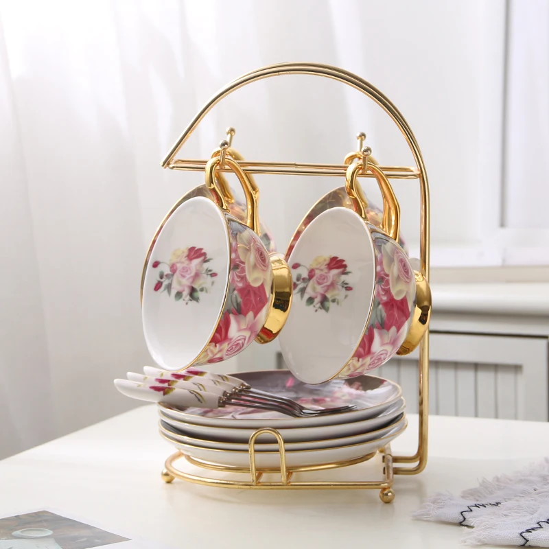 4Cups n Holder Винтажная чайная чашка из костяного фарфора, блюдце, ложка, набор, 200 мл, Современная фарфоровая кофейная чашка, британское кафе, послеобеденная чайная чашка, Прямая поставка - Цвет: 4Cups n Holder