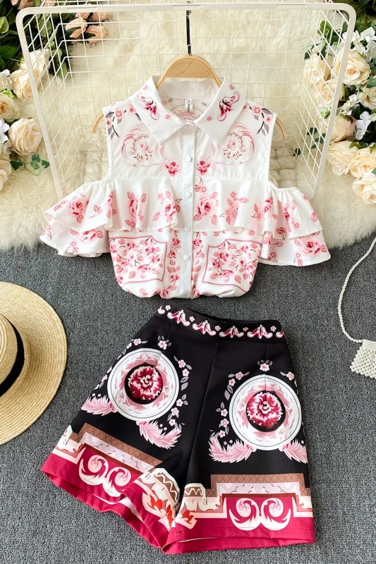 

Hong Kong flavor retro fashion suit printed off-shoulder ruffled short-sleeved shirt and high-waisted short skirt two-piece suit