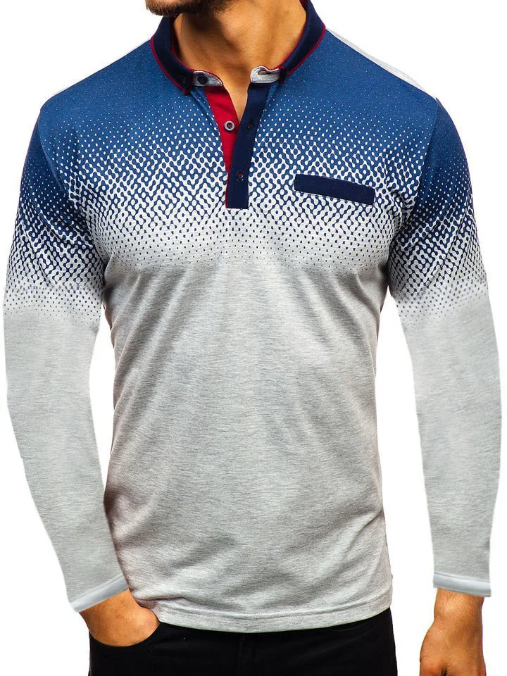 Поло para hombre Nuevo verano manga larga cuello vuelto тонкие повседневные топы транспарантные estampado 3D manga larga Polo - Цвет: Gray