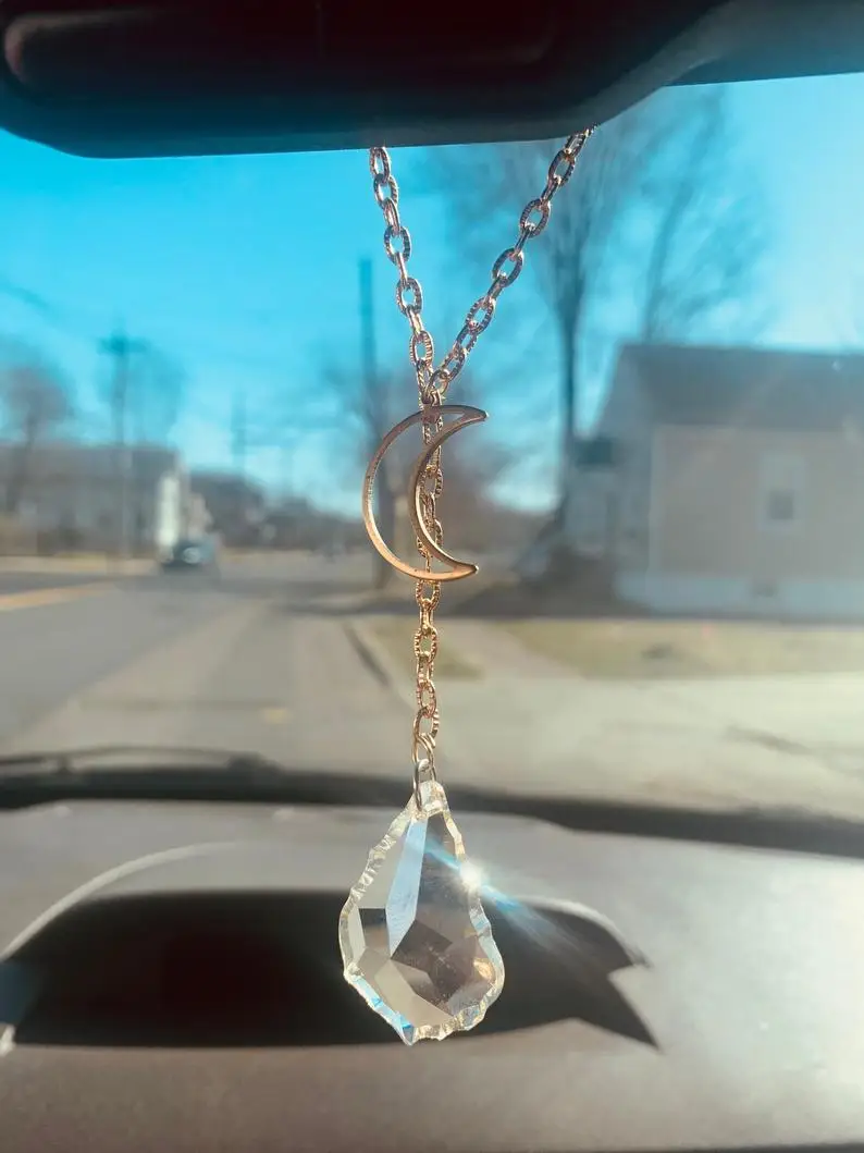 

Golden Moon Suncatcher Car Charm Crystal Prisms Cars Decoration Accessories Rainbow Maker Boho Home Room Decor Kawaii Moon Decor