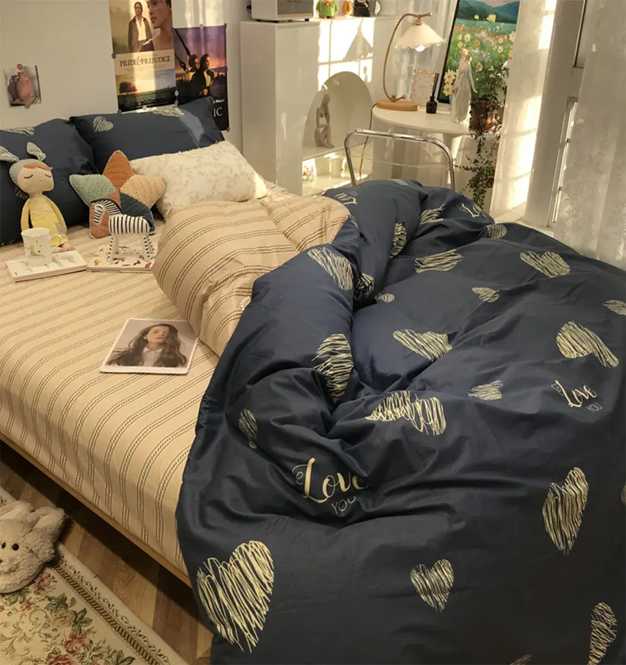 

Lovely heart letter bedding set teen single double,cotton twin full queen King home textile bed sheet pillow case duvet cover
