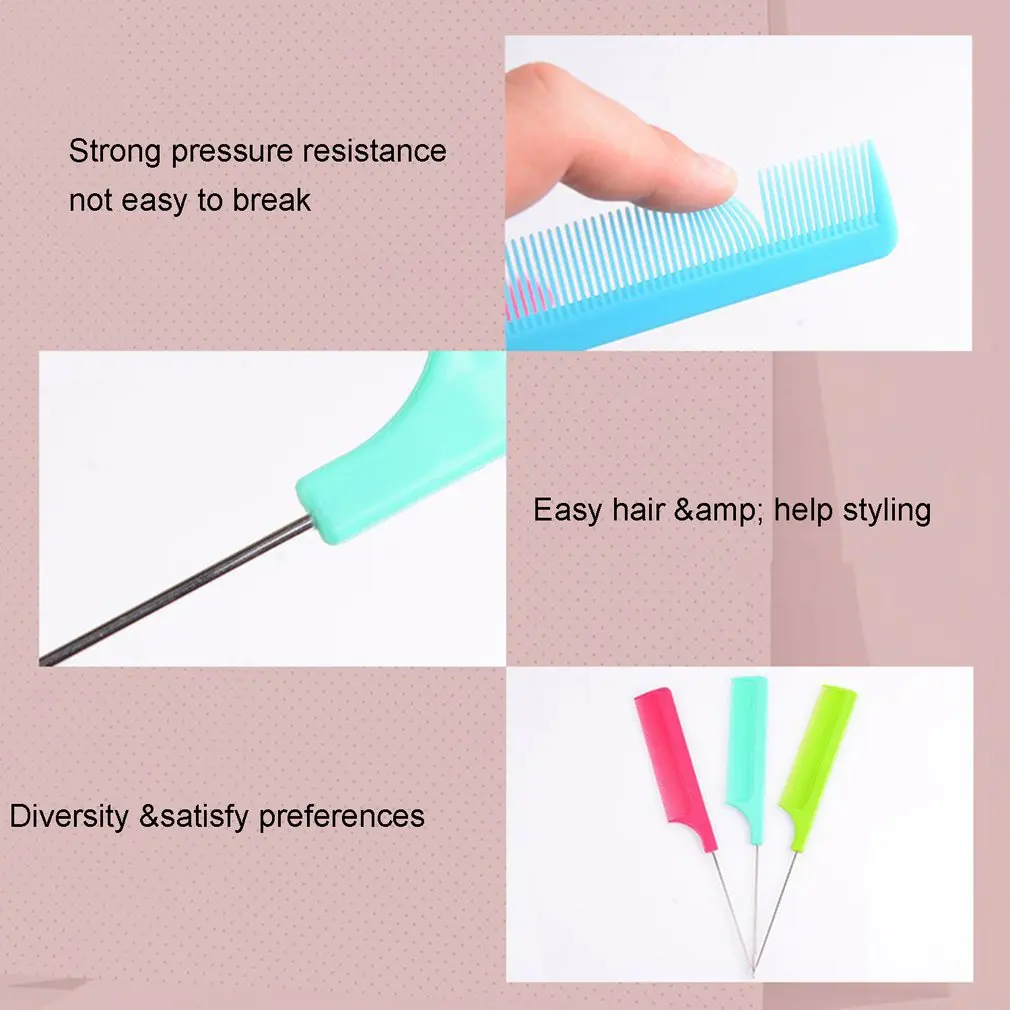 

3 Pcs Hairdressing Steel Tip Tail Durable Comb Plastic Needle Tip Tail Comb Comfortable Handle Heat-resistant