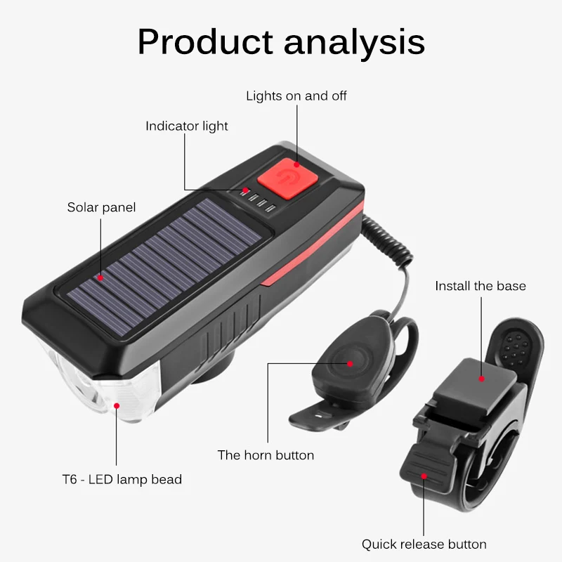 

2000mAh Bike Horn Lamp Bicycle Front Light Set Solar And USB Rechargeable Smart Headlight LED Bike Lamp Cycling FlashLight