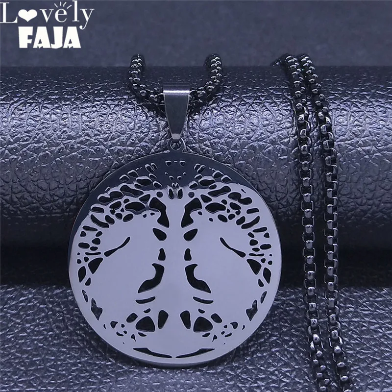 

Witchcraft Tree of Life Two Rabbit Chain Necklace Black Color Stainless Steel Chain Necklaces Women/Men Jewelry collar N4300S03