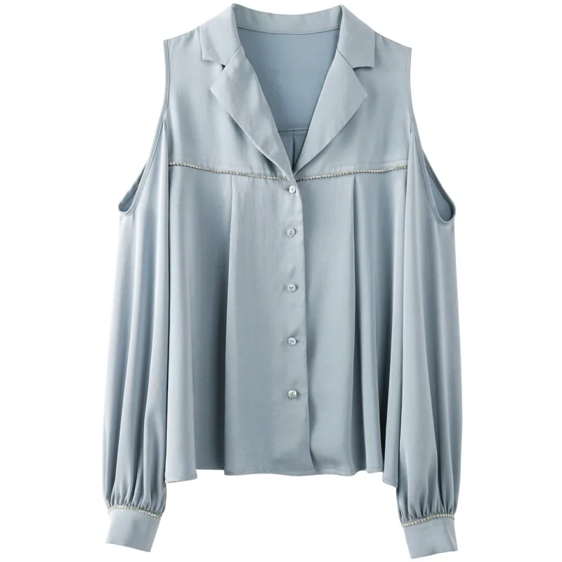 

Spring dress lapel nail bead dew shoulder sleeve chiffon dress sexy lantern women long sleeve shirt