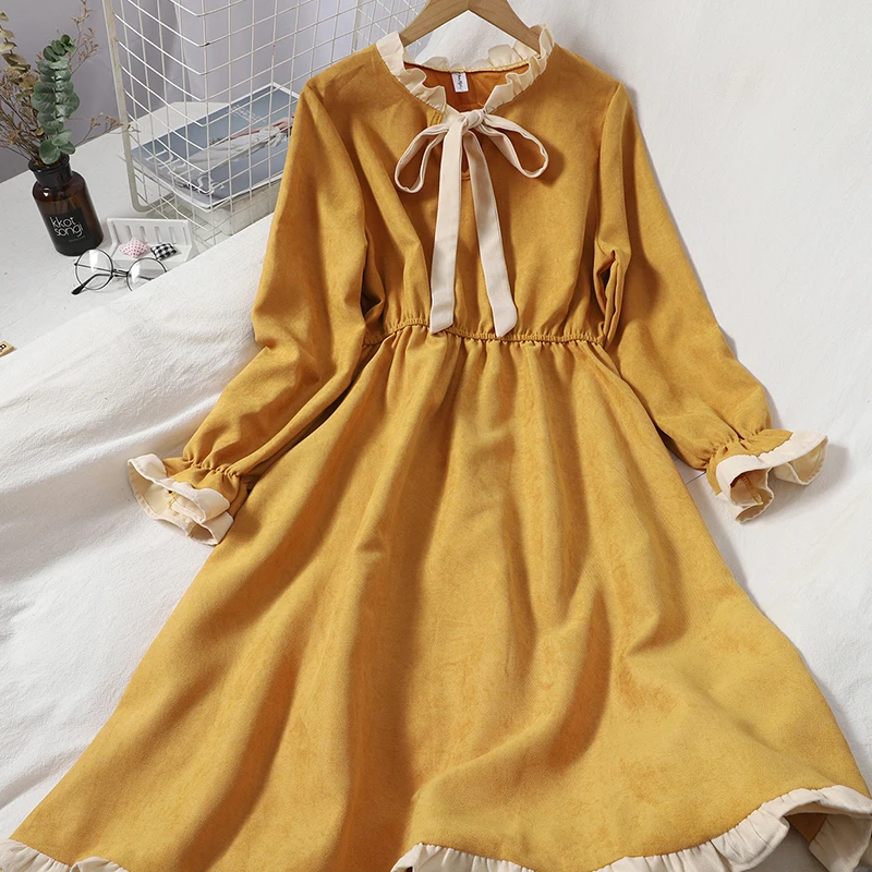 

New Autumn Dress With Contrast Color Wood Ears Bandage Sweet Vestidos Mujer Korean Long Sleeve College Pullover Dress Women E413