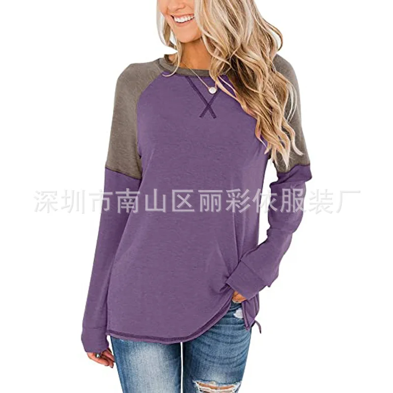 

New women's long sleeve splicing round neck casual T-shirt loose top