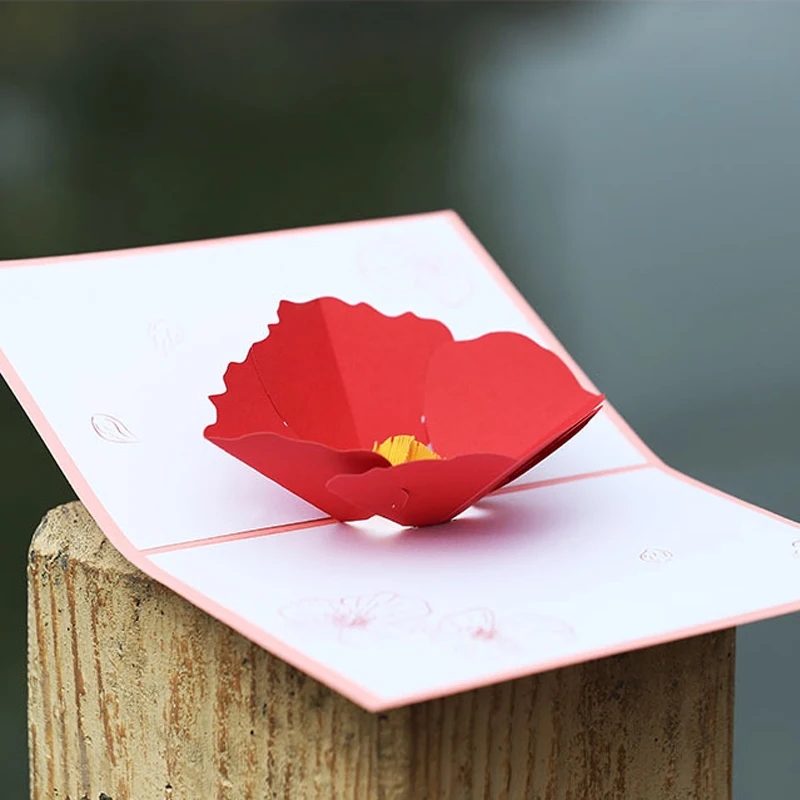

10pcs Wholesale 3D Handmade Red Corn Poppy Flower Paper Festival Blessing Greeting Card Mother's Day Thanksgiving Creative Gift